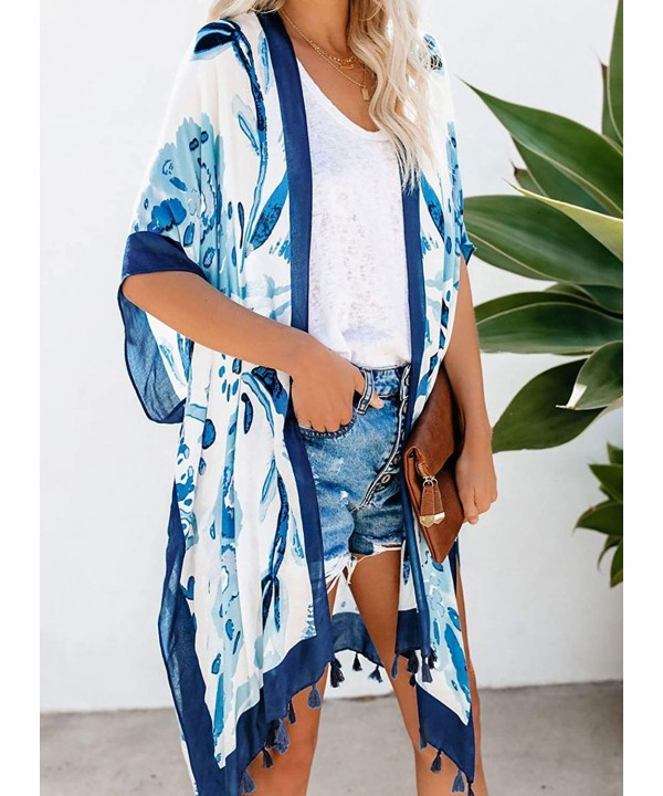 Womens Fashion Boho Printed Kimono Beach Cover up Summer Open Front Loose Flowy Cardigan Top with Tassel Style 3 blue - C2194...