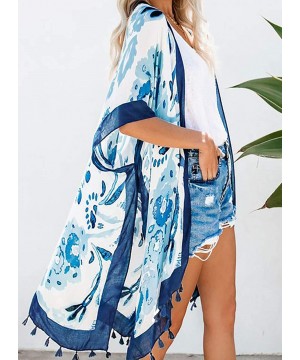 Womens Fashion Boho Printed Kimono Beach Cover up Summer Open Front Loose Flowy Cardigan Top with Tassel Style 3 blue - C2194...