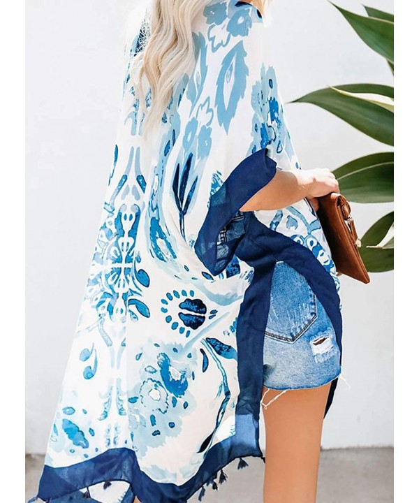 Womens Fashion Boho Printed Kimono Beach Cover up Summer Open Front Loose Flowy Cardigan Top with Tassel Style 3 blue - C2194...