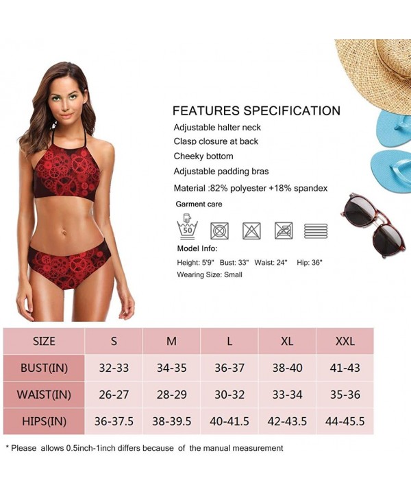 Women's High Neck Halter Bikini Set Swimsuits Push Up Padded Swimwear - Steampunk Gears Red Love Heart - C319CAHSY6L $23.85-Sets