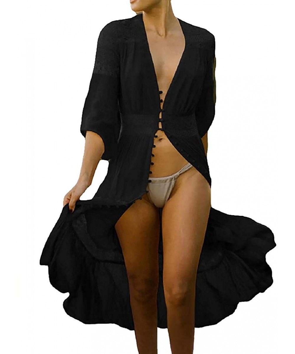 Women's Sexy Bikini Swimsuit Bathing Suit Cover Ups Swimwear Beach Dress Long Kimono Jacket Cardigan Robe Black 1 - C018KEM0L...