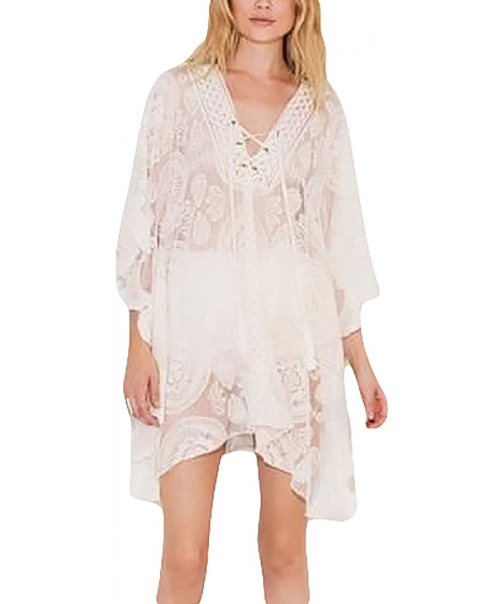 Women Casual Bikini Swimsuit Cover Up Blouses Beach Tunic Dress One Size - D-white - CY18UIYQ4QD $13.80-Cover-Ups