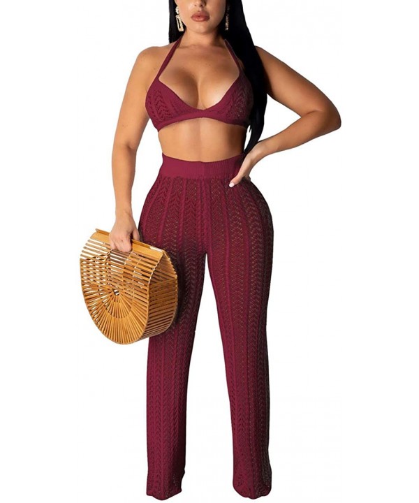 Women Two Piece Outfits Clubwear Hollow Out Bra Top Bikini and Long Pants Beach Cover Up - Wine - C418T700TI2 $34.30-Cover-Ups