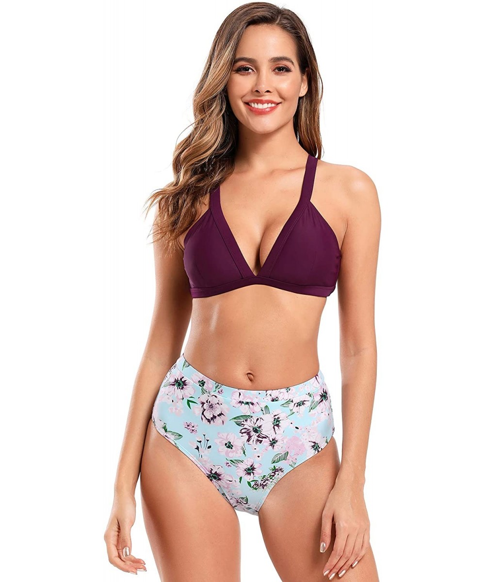 Women's High Waisted Bottoms Padded Top Triangle Bikini Bathing Suits - Printing-charming Purple-c - CL197AQM2UR $20.01-Sets