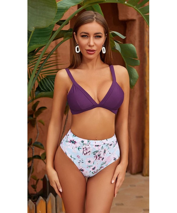 Women's High Waisted Bottoms Padded Top Triangle Bikini Bathing Suits - Printing-charming Purple-c - CL197AQM2UR $20.01-Sets