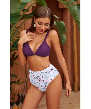 Women's High Waisted Bottoms Padded Top Triangle Bikini Bathing Suits - Printing-charming Purple-c - CL197AQM2UR $20.01-Sets