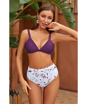 Women's High Waisted Bottoms Padded Top Triangle Bikini Bathing Suits - Printing-charming Purple-c - CL197AQM2UR $20.01-Sets