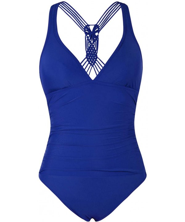 Women's One Piece Swimsuit V Neck Tummy Control Bathing Suit Macrame Cross Back Monokini - Royal Blue - CH18QAT9ROG $31.18-On...