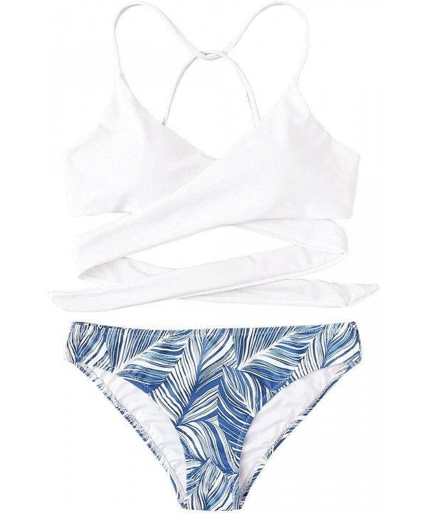 Women's Tropical Print Criss Cross Wrap Two Piece Bikini Set - White - C6192R20XXD $29.69-Sets