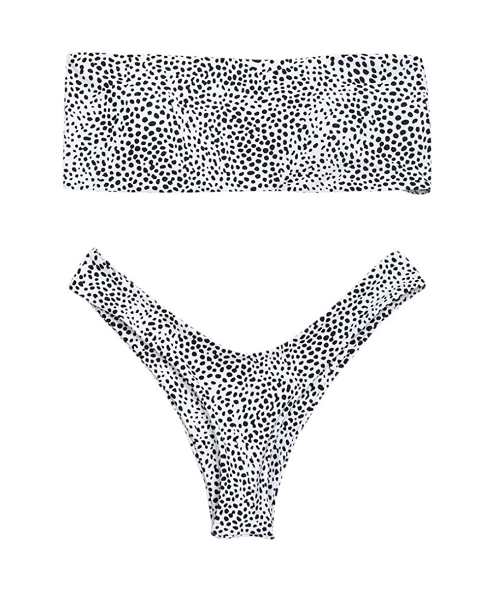 Women's Strapless Leopard Print High Cut Two Piece Bandeau Bikini Set - White - CC18063497N $21.32-Sets