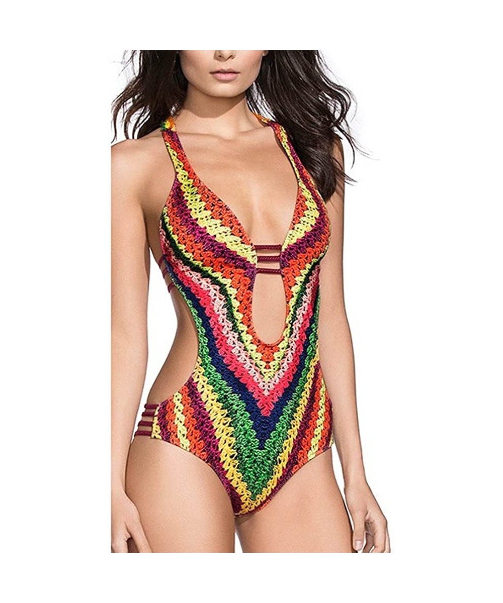 Women Swimsuit One Piece Deep V Vintage lace Tummy Control Bathing Suit Swimwear Monokini - C-multicolor - CP1903240E6 $19.83...