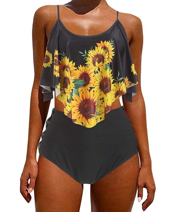 Swimsuits for Women Sunflower Print Two Pieces Bathing Suits Ruffled Racerback Top with High Waisted Bottom B Black - CZ19C9T...