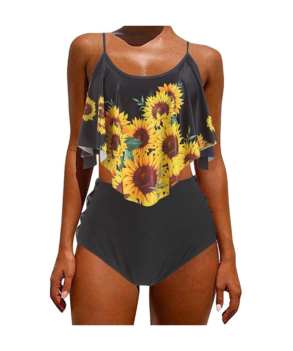 Swimsuits for Women Sunflower Print Two Pieces Bathing Suits Ruffled Racerback Top with High Waisted Bottom B Black - CZ19C9T...