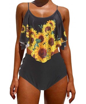 Swimsuits for Women Sunflower Print Two Pieces Bathing Suits Ruffled Racerback Top with High Waisted Bottom B Black - CZ19C9T...