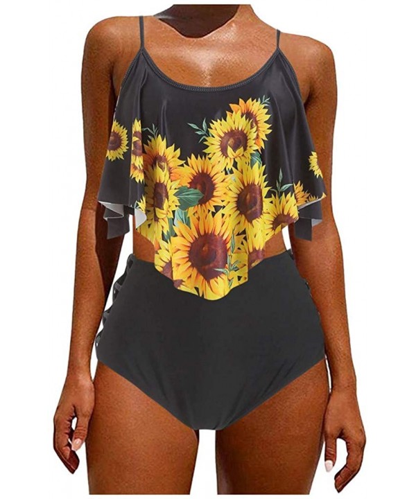 Swimsuits for Women Sunflower Print Two Pieces Bathing Suits Ruffled Racerback Top with High Waisted Bottom B Black - CZ19C9T...