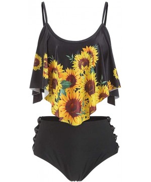 Swimsuits for Women Sunflower Print Two Pieces Bathing Suits Ruffled Racerback Top with High Waisted Bottom B Black - CZ19C9T...