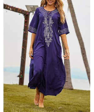 Women Loose Kaftan Swimsuit Cover Up Beach Long Casual Caftan Dress - A-navy - CG18RW6LLGG $26.02-Cover-Ups