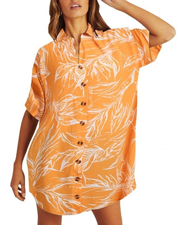 Women's Leaf Print Casual Button Down Shirt Beach Dress Swimsuit Cover Ups - Yellow - CV194SZOMO0 $17.30-Cover-Ups