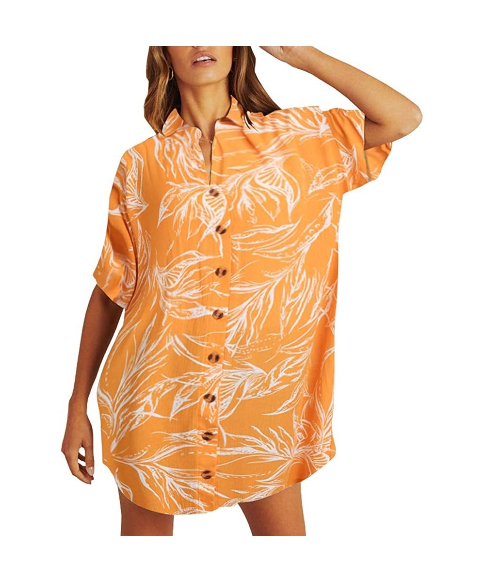 Women's Leaf Print Casual Button Down Shirt Beach Dress Swimsuit Cover Ups - Yellow - CV194SZOMO0 $17.30-Cover-Ups