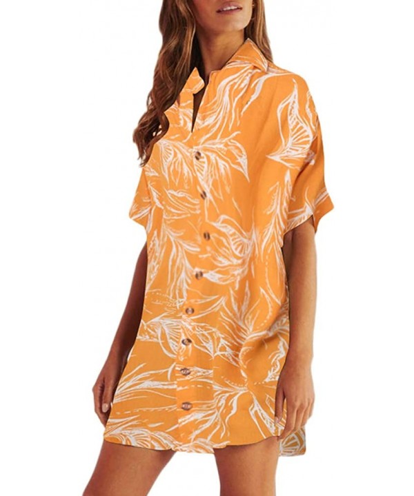 Women's Leaf Print Casual Button Down Shirt Beach Dress Swimsuit Cover Ups - Yellow - CV194SZOMO0 $17.30-Cover-Ups