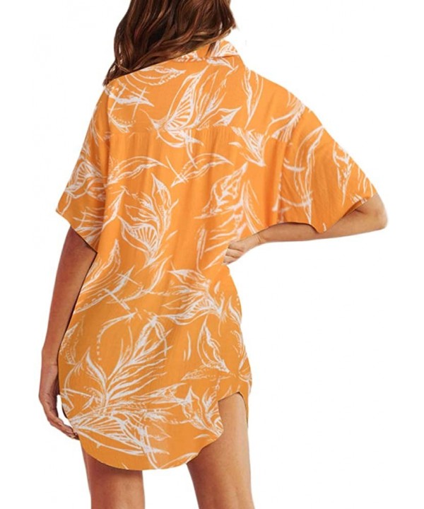 Women's Leaf Print Casual Button Down Shirt Beach Dress Swimsuit Cover Ups - Yellow - CV194SZOMO0 $17.30-Cover-Ups