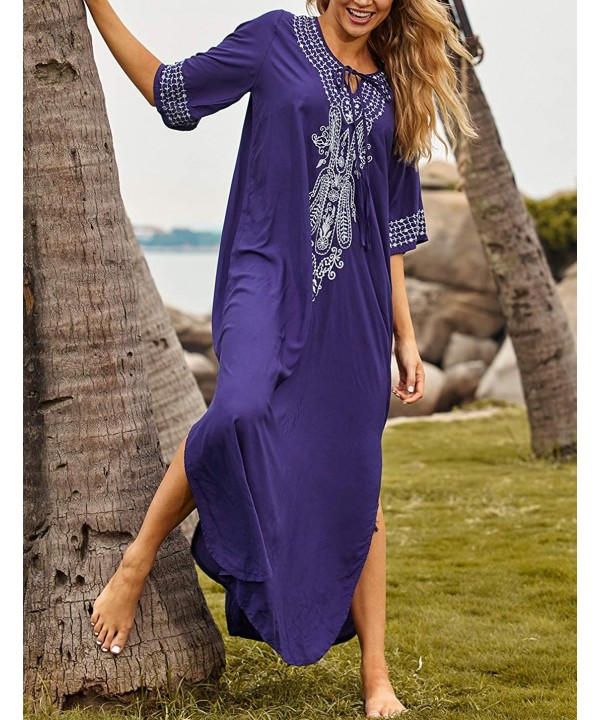 Women Loose Kaftan Swimsuit Cover Up Beach Long Casual Caftan Dress - A-navy - CG18RW6LLGG $26.02-Cover-Ups