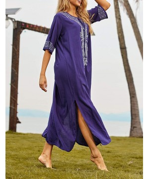 Women Loose Kaftan Swimsuit Cover Up Beach Long Casual Caftan Dress - A-navy - CG18RW6LLGG $26.02-Cover-Ups