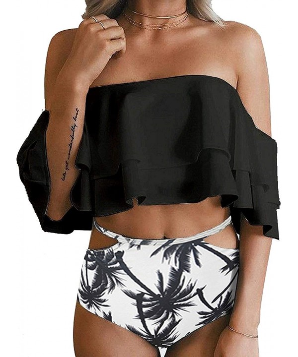 Women's High Waisted Bikini Flounce Top Two Piece Off-Shoulder Bathing Suits Swimsuit - 02black - C518RO0O7GQ $28.25-Sets