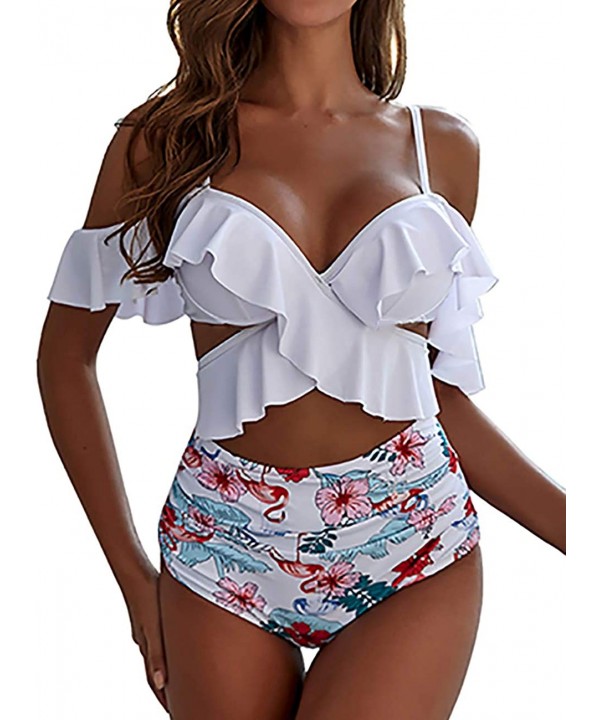 Ruffle High Waist Bikini Off Shoulder Push Up Bandage Cross Bathing Suit - White Print - CZ1942GC024 $21.57-Sets