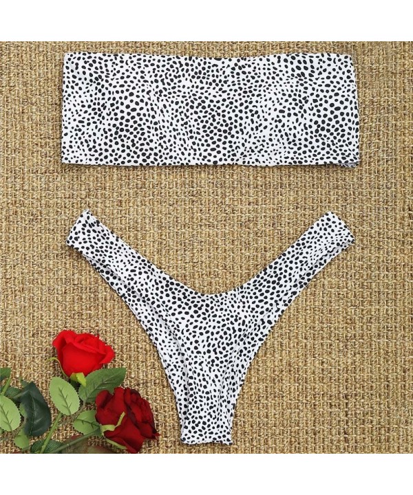 Women's Strapless Leopard Print High Cut Two Piece Bandeau Bikini Set - White - CC18063497N $21.32-Sets