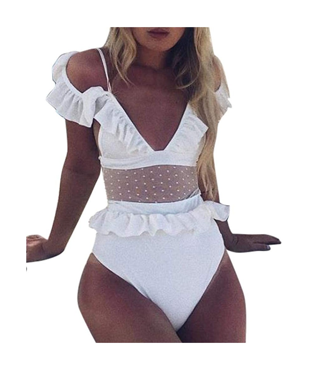 Women One-Piece Ruffles Bikini Push-Up Pad Swimwear Bathing Swimsuit Beachwear - White - C018O7ET6YT $15.68-Cover-Ups