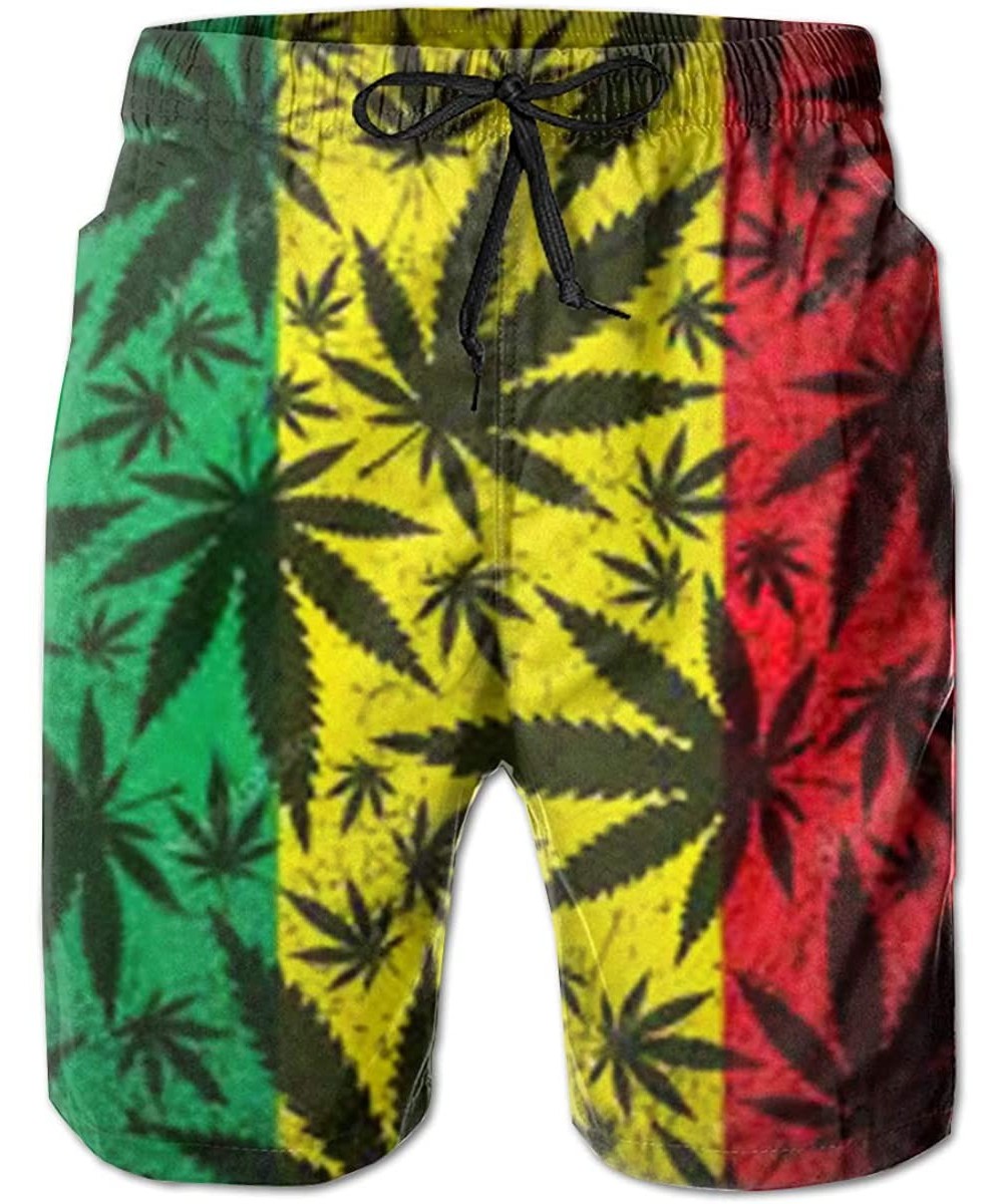 Men's Swim Trunks Reggae Rasta Marijuana Leaves Green Yellow Red Surfing Beach Board Shorts Swimwear - White - CP18W96A878 $3...