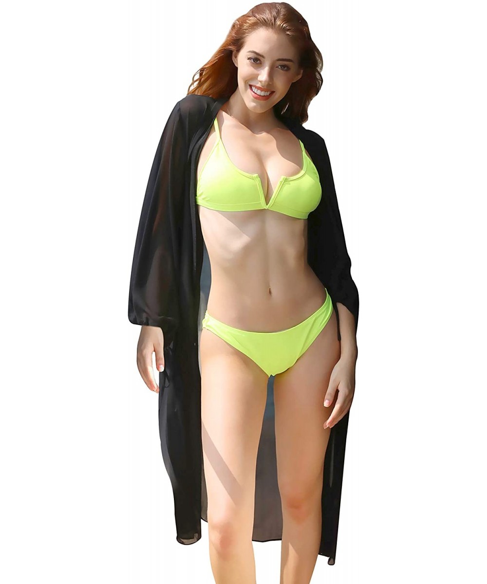 Women's Chiffon Cover Up Long Sleeve Cardigan Swimwear Loose Beach Swimsuits - Black - B - C118Y8UOSRH $13.38-Cover-Ups