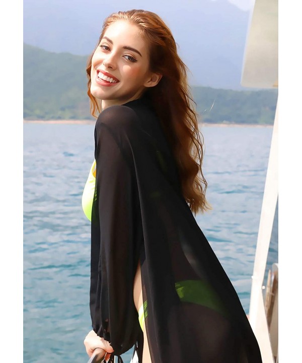 Women's Chiffon Cover Up Long Sleeve Cardigan Swimwear Loose Beach Swimsuits - Black - B - C118Y8UOSRH $13.38-Cover-Ups