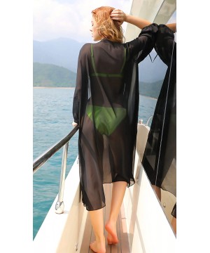 Women's Chiffon Cover Up Long Sleeve Cardigan Swimwear Loose Beach Swimsuits - Black - B - C118Y8UOSRH $13.38-Cover-Ups