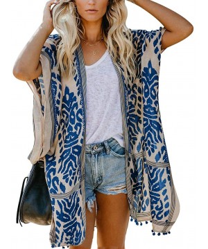 Boho Print Beach Swimsuit Cover Up Women Open Front Kimono Cardigans - A-blue - C9198UI6LKQ $24.42-Cover-Ups