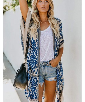 Boho Print Beach Swimsuit Cover Up Women Open Front Kimono Cardigans - A-blue - C9198UI6LKQ $24.42-Cover-Ups