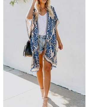 Boho Print Beach Swimsuit Cover Up Women Open Front Kimono Cardigans - A-blue - C9198UI6LKQ $24.42-Cover-Ups