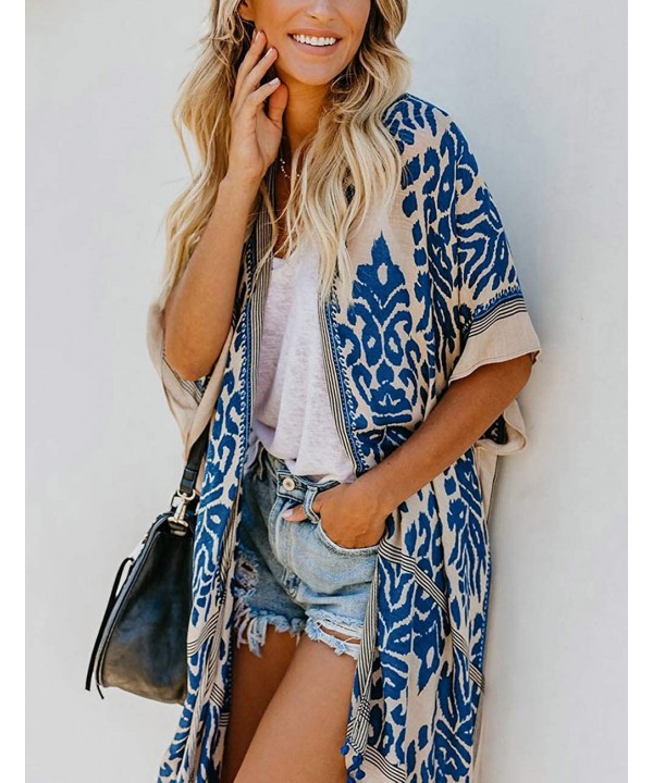 Boho Print Beach Swimsuit Cover Up Women Open Front Kimono Cardigans - A-blue - C9198UI6LKQ $24.42-Cover-Ups