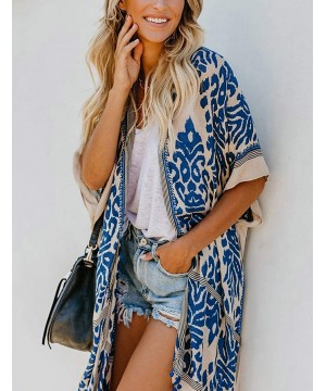 Boho Print Beach Swimsuit Cover Up Women Open Front Kimono Cardigans - A-blue - C9198UI6LKQ $24.42-Cover-Ups