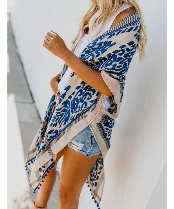 Boho Print Beach Swimsuit Cover Up Women Open Front Kimono Cardigans - A-blue - C9198UI6LKQ $24.42-Cover-Ups