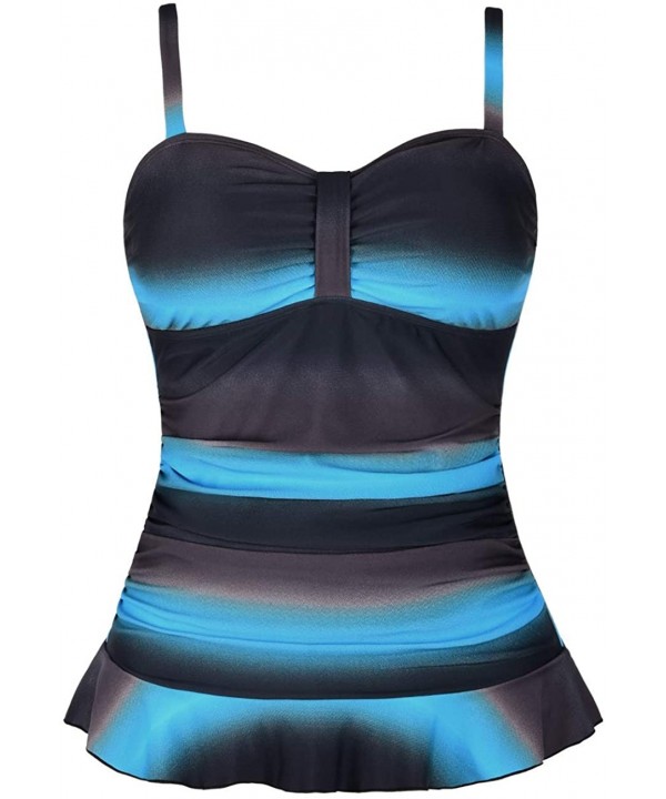 Women's 50's Retro Ruched Tankini Swimsuit Top with Ruffle Hem - Blue&brown - CI196OH3QWK $29.61-Tankinis