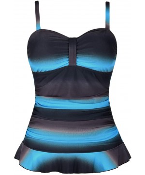 Women's 50's Retro Ruched Tankini Swimsuit Top with Ruffle Hem - Blue&brown - CI196OH3QWK $29.61-Tankinis