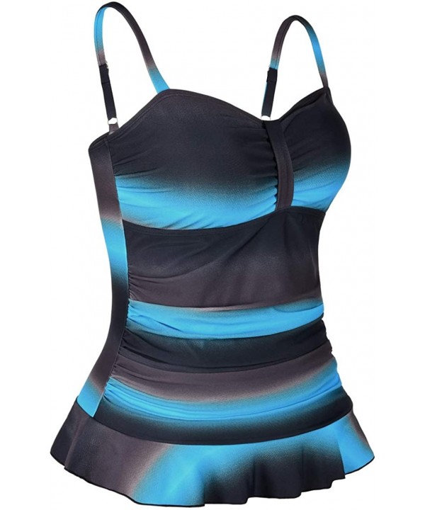 Women's 50's Retro Ruched Tankini Swimsuit Top with Ruffle Hem - Blue&brown - CI196OH3QWK $29.61-Tankinis