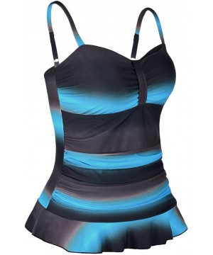 Women's 50's Retro Ruched Tankini Swimsuit Top with Ruffle Hem - Blue&brown - CI196OH3QWK $29.61-Tankinis