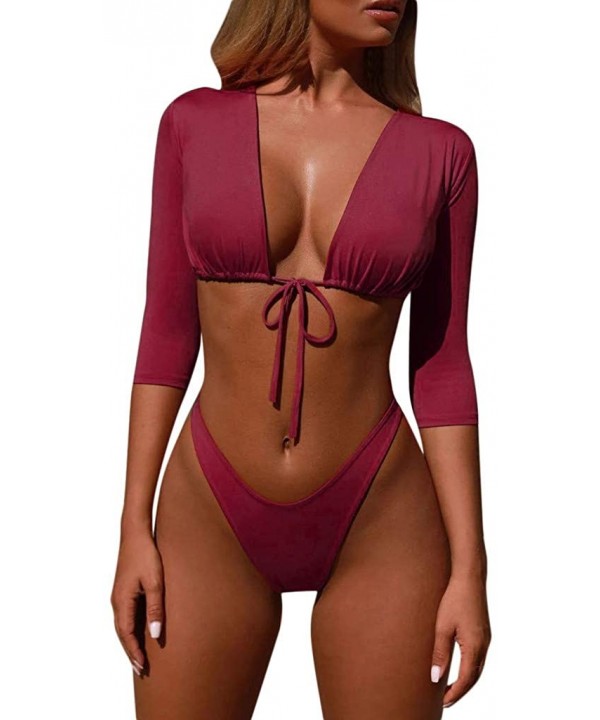 Women 3/4 Sleeve Rash Guard Tie Front Padded Push Up Cheeky Waist High Cut Thong Bikini Set Two Piece Swimsuit Red - CE18S9WK...