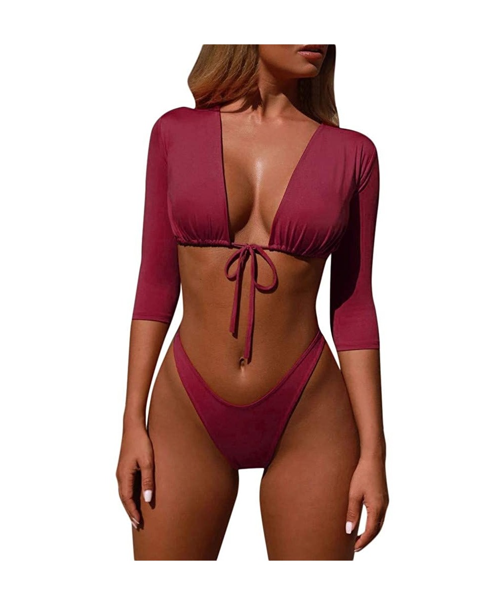 Women 3/4 Sleeve Rash Guard Tie Front Padded Push Up Cheeky Waist High Cut Thong Bikini Set Two Piece Swimsuit Red - CE18S9WK...