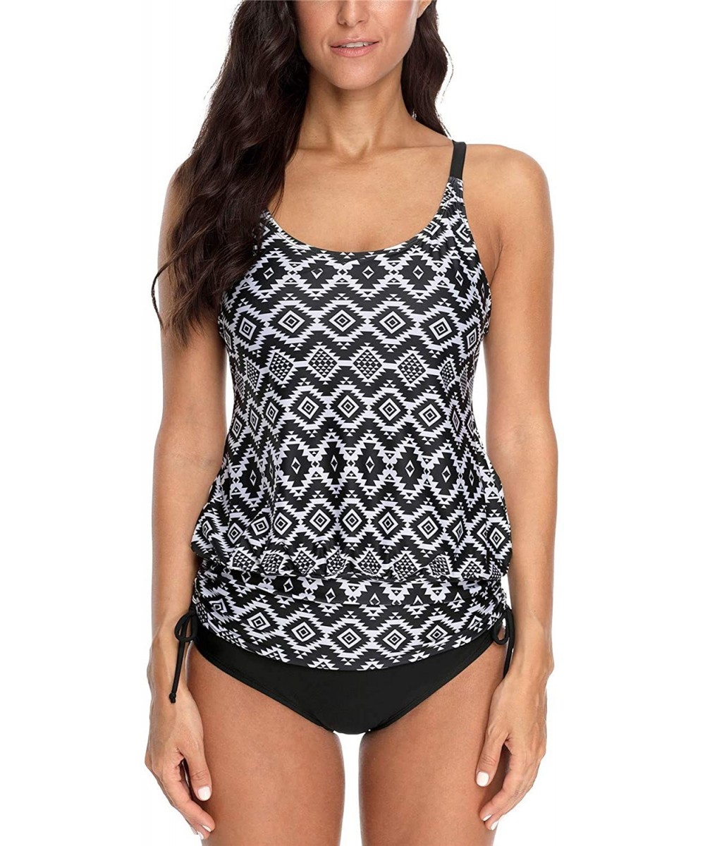 Women Blouson Tankini Swimsuits Drawstring Cross Back Two Piece Bathing Suit - Geometric Print - CQ18SZN9WU6 $33.34-Tankinis