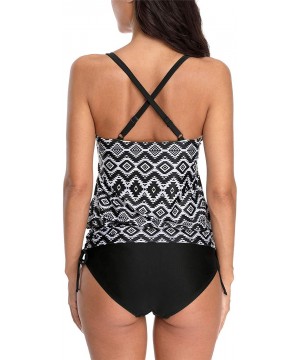 Women Blouson Tankini Swimsuits Drawstring Cross Back Two Piece Bathing Suit - Geometric Print - CQ18SZN9WU6 $33.34-Tankinis