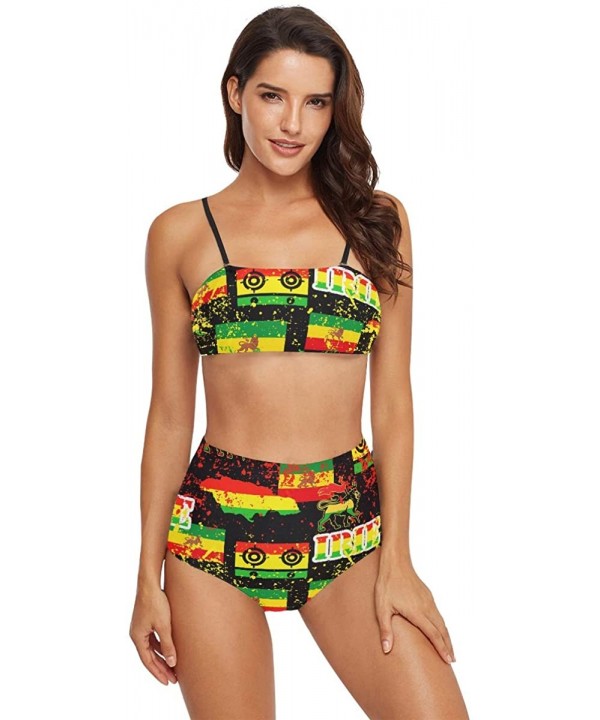 Womens Tropical 2 Piece Swimsuits High Waisted Bathing Suits Bikini Set Rastafarian Reggae Style Camo Camouflage - CU18W59YMR...